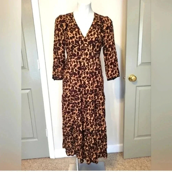 Ba&SH Tracy Animal Leopard Print Ruffle Tiered Midi Dress(XS) - Picture 3 of 12